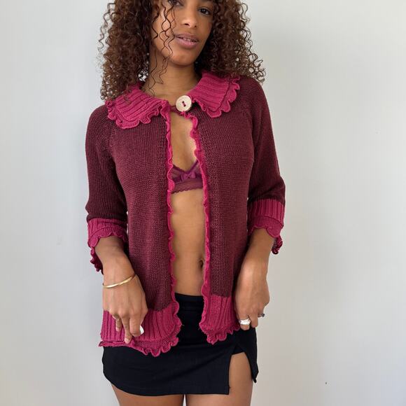 Vintage Jacqueline Riu French ruffled trim knit cardigan in berry & rose (Small) - Picture 5 of 9